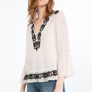 Zara Sheer Blouse with Black Lace Embroidered White Tunic Size M